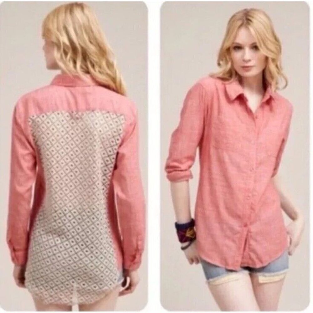 Free People Size XS Salmon Pink Lace Crochet Back Button Down Shirt